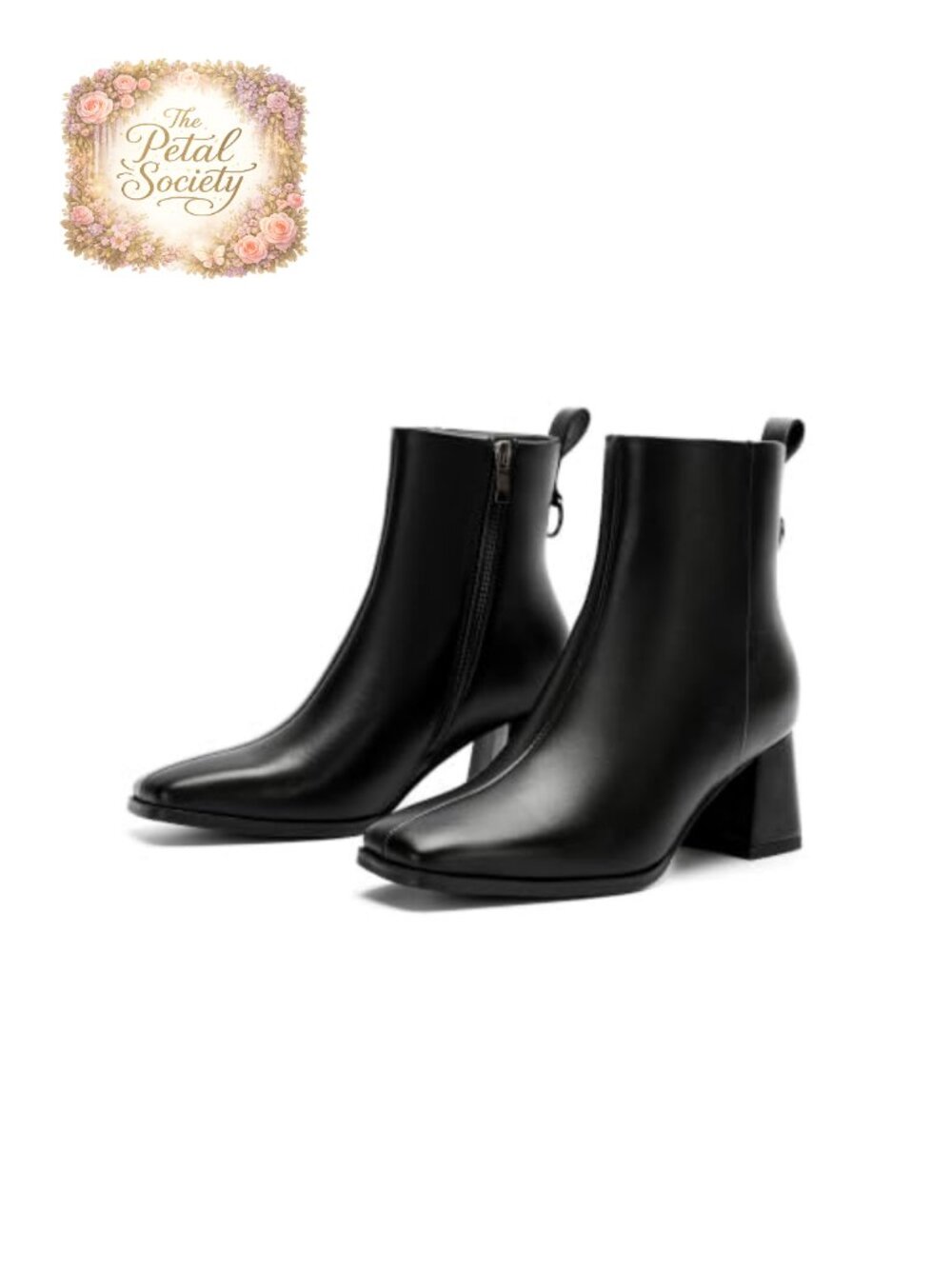 Faux Leather Square Toe Ankle Booties Chunky Block Low Heel Side Zip